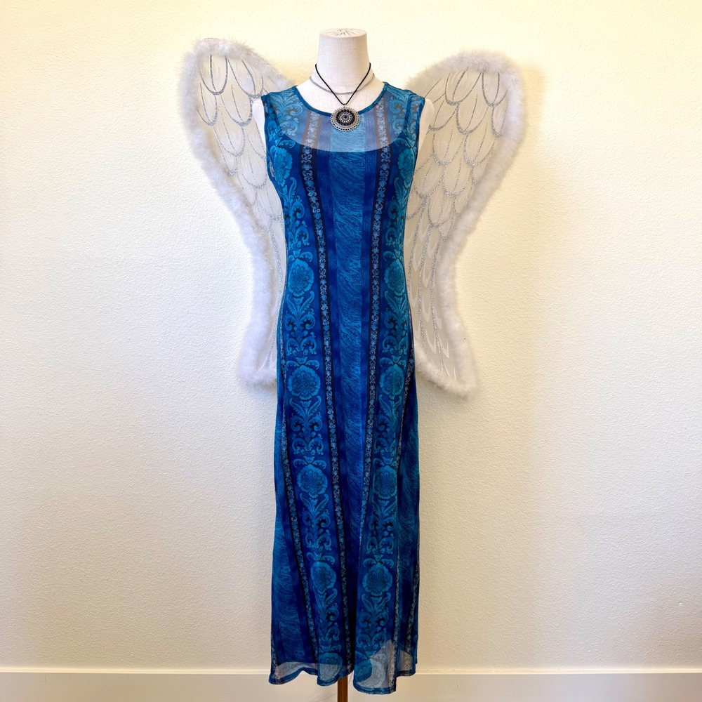Whimsygoth Vintage 90s Blue Mesh‎ Overlay Damask Paisley Maxi Dress Floral Funky